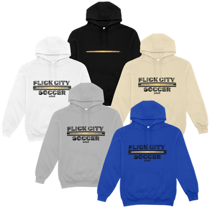 hoodie FLICK CITY SOCCER 2025 - distressed  black with gold line